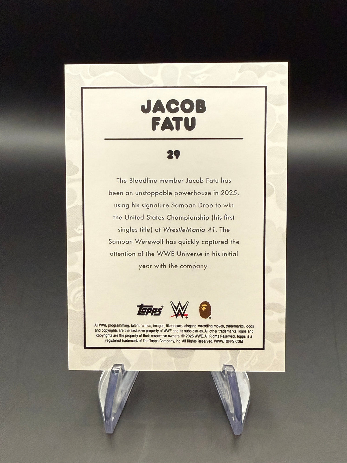 Jacob Fatu 2025 Topps WWE x BAPE Black & White Camo /50