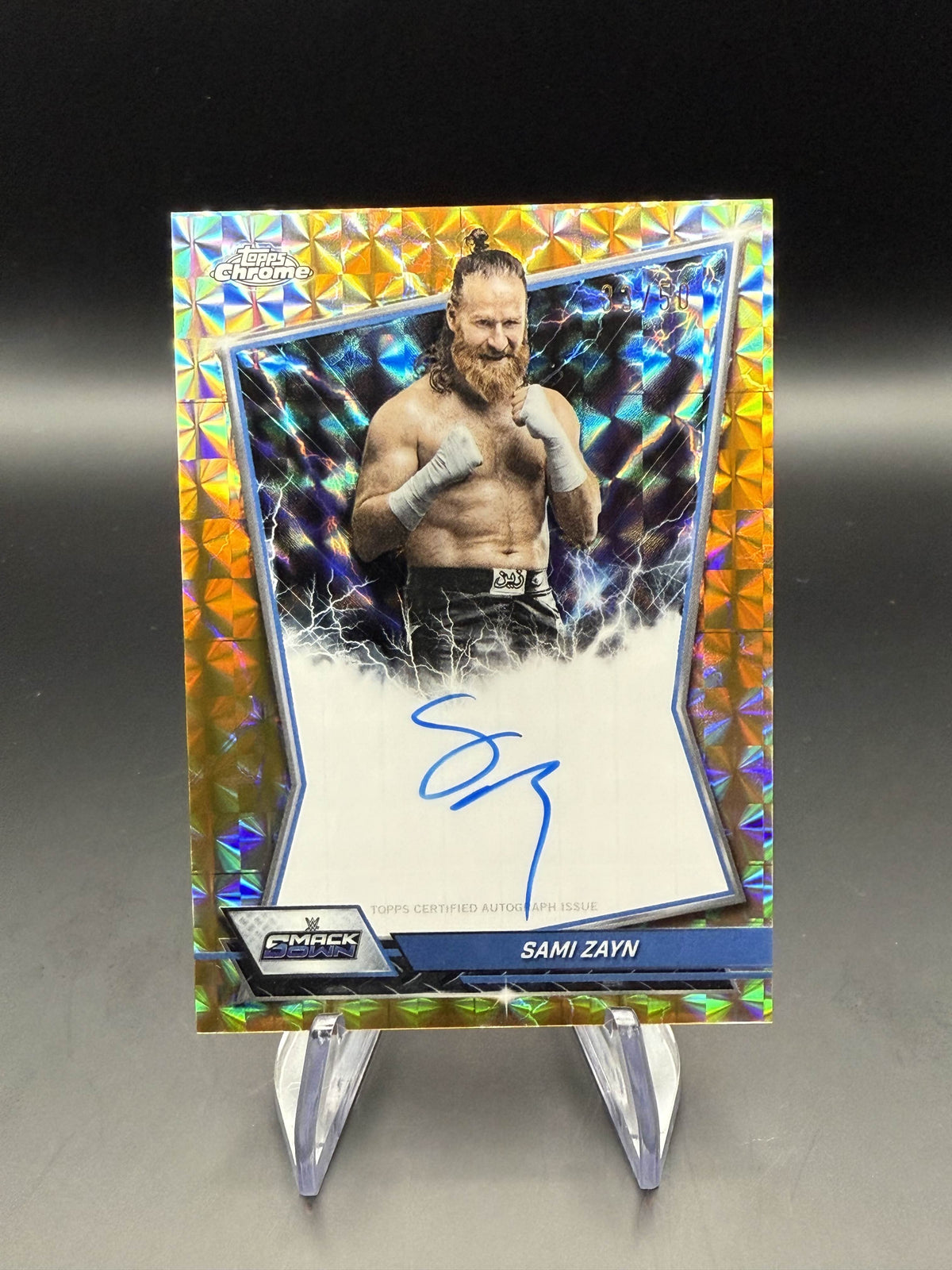 Sami Zayn 2026 WWE Topps Chrome Gold Geometric Refractor Blue Brand Autograph /50