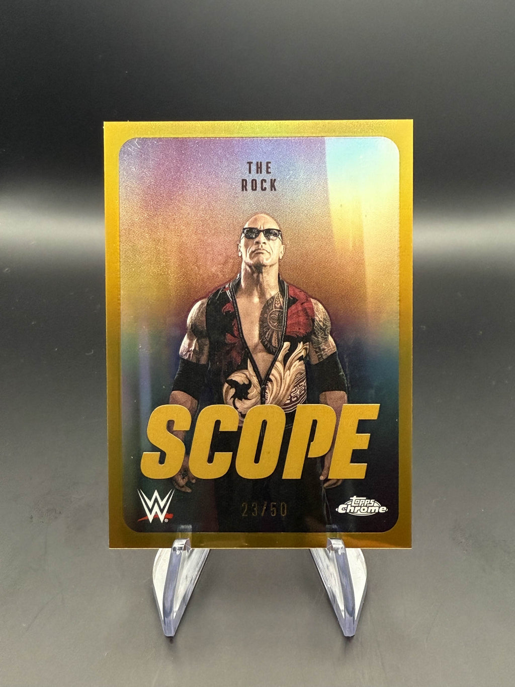 The Rock 2026 WWE Topps Chrome Gold Refractor Scope /50