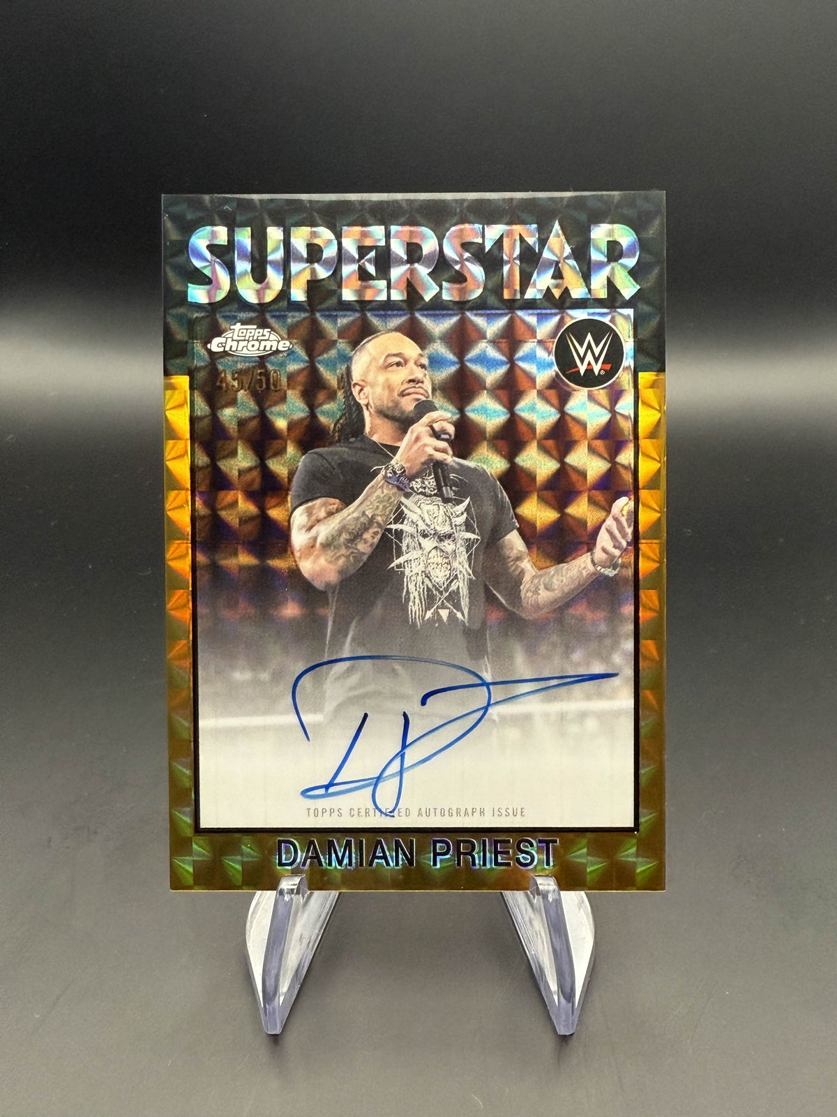 Damian Priest 2026 WWE Topps Chrome Gold Geometric 1986 Superstar Autograph /50