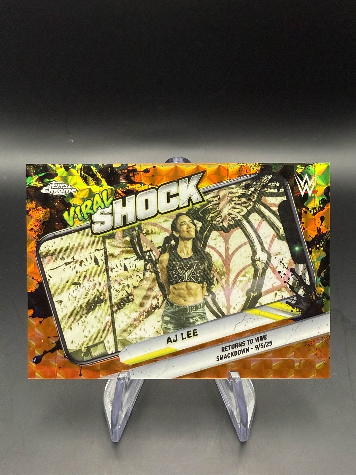 AJ Lee 2026 WWE Topps Chrome Viral Shock Orange Geometric Refractor /25