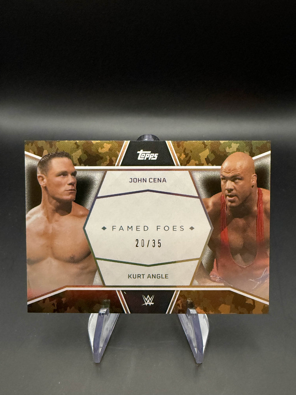 John Cena / Kurt Angle 2025 WWE Topps John Cena Commemorative Collection Famed Foes Green Camo Foil /35
