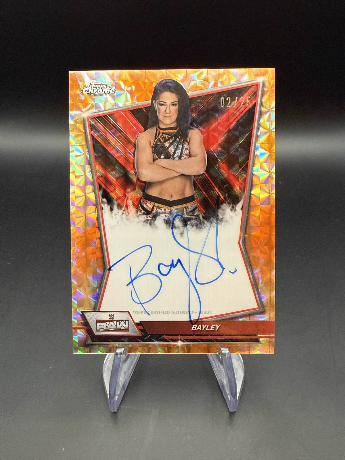 Bayley 2026 WWE Topps Chrome Orange Geometric Refractor Red Brand Autograph /25