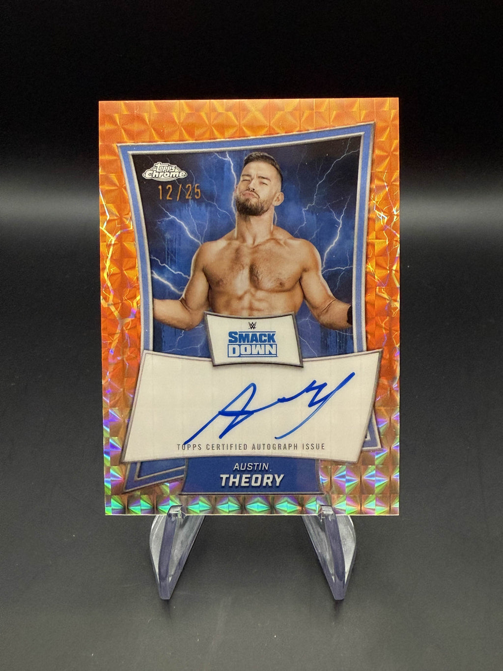 Austin Theory 2025 WWE Topps Chrome Orange Geometric Refractor Blue Brand Autograph /25