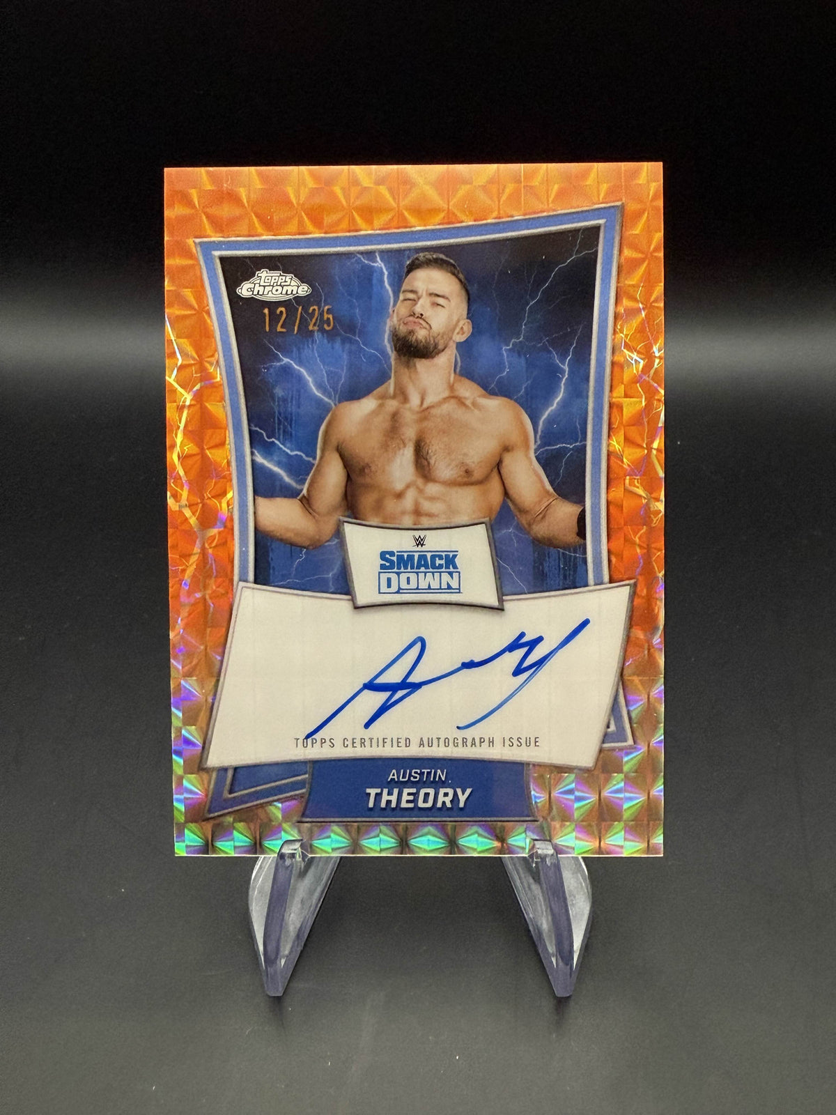 Austin Theory 2025 WWE Topps Chrome Orange Geometric Refractor Blue Brand Autograph /25
